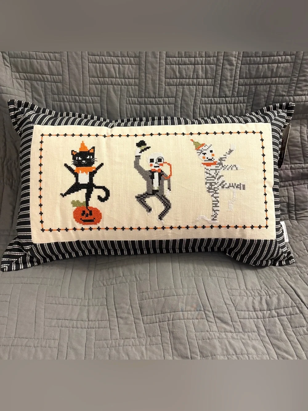 Isaac Mizrahi Needlepoint Vintage Style Halloween Pillow Black Cat, Skeleton